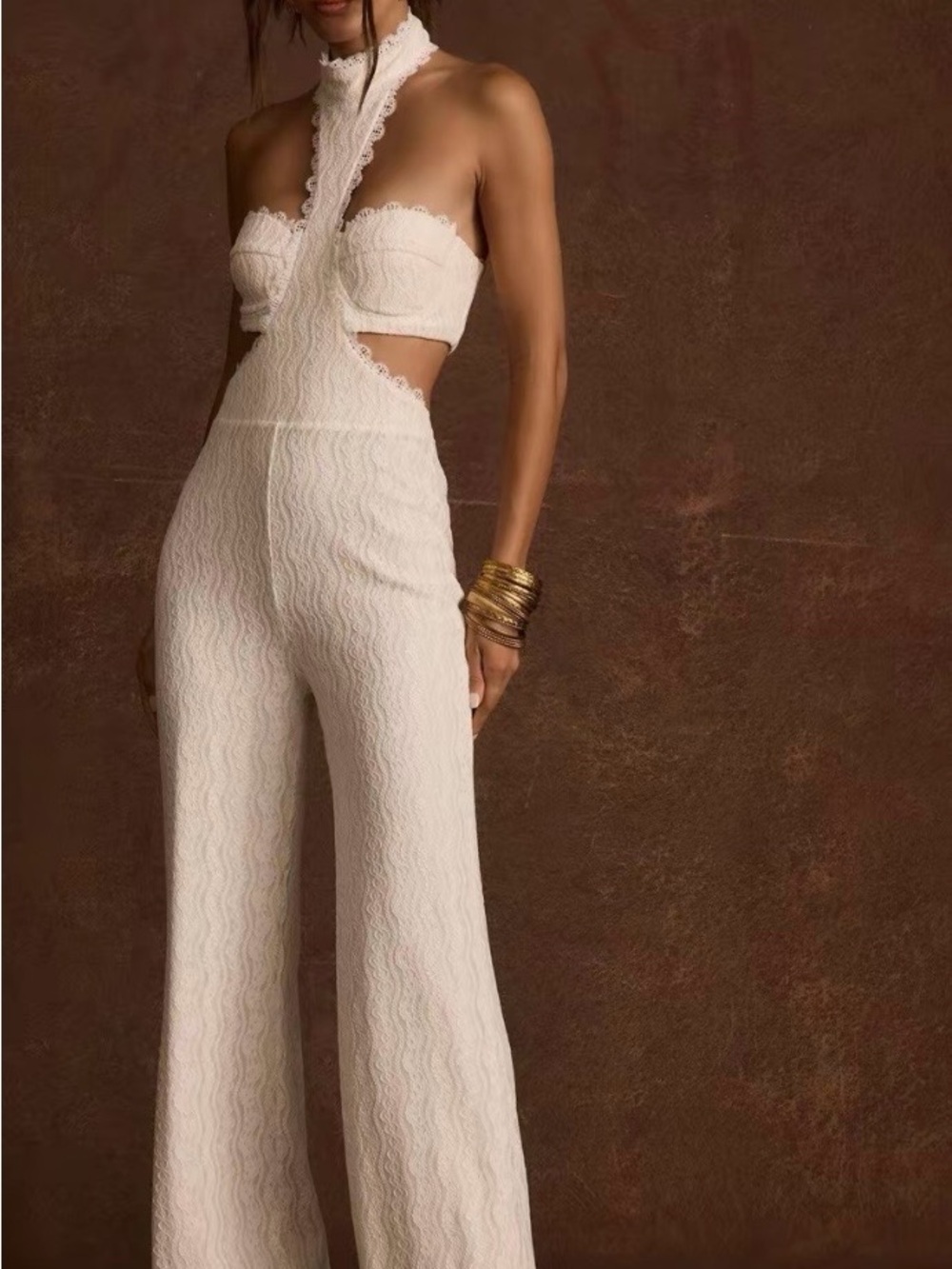 12th Tribe Cream Lace Halter Cutout Jumpsuit